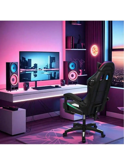 Racing Style Gaming Chair | Black & Blue Dual-Tone, Ergonomic Lumbar Support & Retractable Footrest | 360° Swivel, Full Recline,