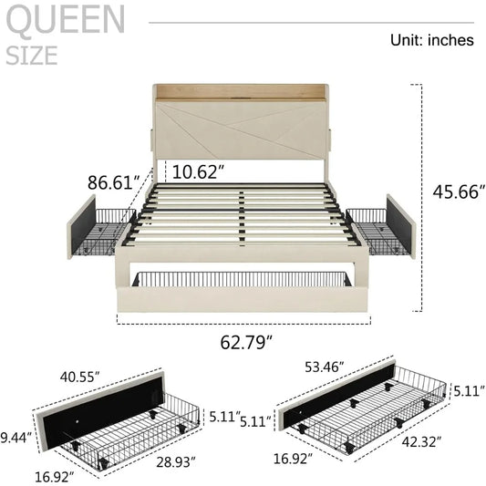 Queen Bed Frame with 3 Drawers, Upholstered Bed Frame Queen with Storage Headboard, AC USB & Type C Charge Station,Wooden Suppor