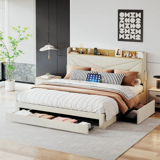 Queen Bed Frame with 3 Drawers, Upholstered Bed Frame Queen with Storage Headboard, AC USB & Type C Charge Station,Wooden Suppor