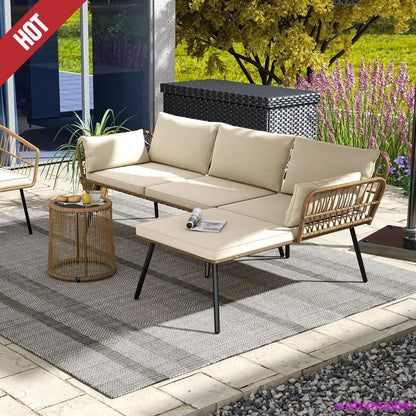 Patio Furniture Set 3Piece Outdoor Wicker Conversation Set with Detachable Cushions and Coffee Table L-Shaped Sectional Sofa Set
