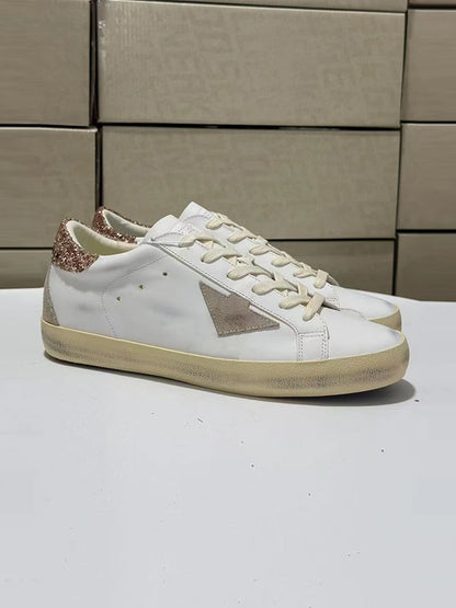 Spring Summer Fashion Casual Low-top Shiny Shoelaces Shoes Women's Round Toe Patchwork Diamond Heel Flat Bottom Sports Shoes