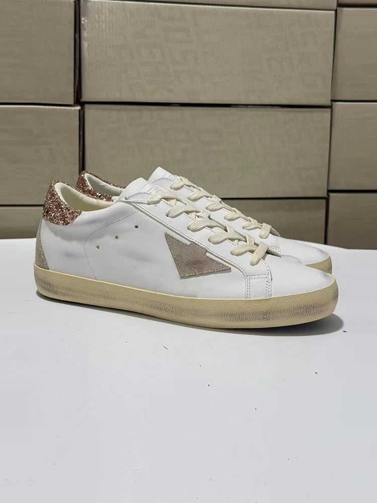 Spring Summer Fashion Casual Low-top Shiny Shoelaces Shoes Women's Round Toe Patchwork Diamond Heel Flat Bottom Sports Shoes