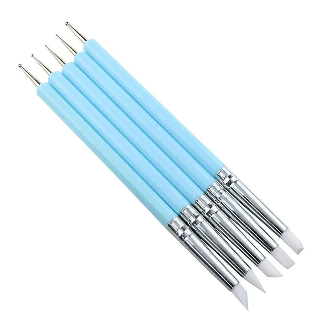 5Pcs Professional Nail Art Silicone Embossing Brush Dual-Head UV Gel Dotting Painting Pen Manicure Clay Sculpting Drawing Tools