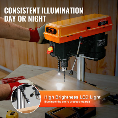 SucceBuy 8in Benchtop Drill Press 2.3A Induction Motor Tabletop Drilling Machine 5-Adjustable Speed & LED Work Light Wood Metal