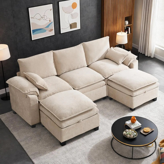 108" U Shaped Cloud Couch Sectional with Ottoman Storage, Chenille Modular Sectional Sofa with Pillow, Modern Deep, Customized