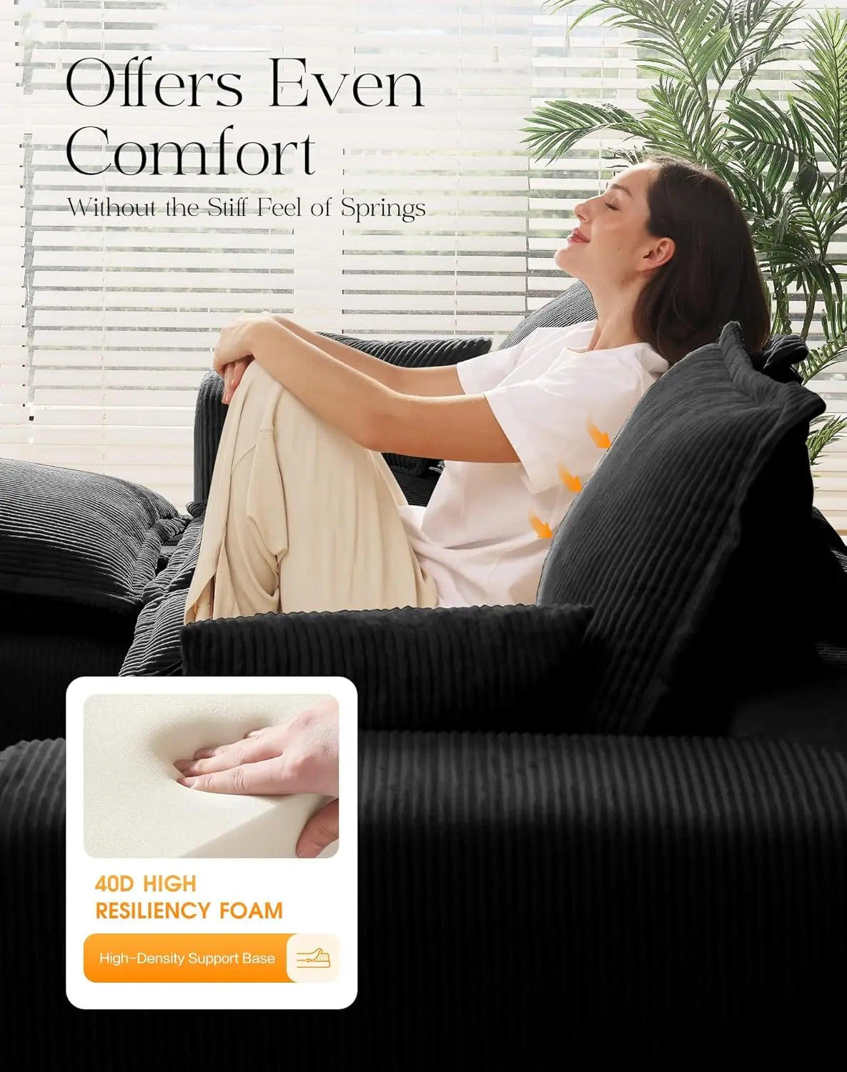 107" Boneless Comfortable Couch with Chaise, U Shaped Modular Sectional Couches for Living Room, Black Corduroy, Customized