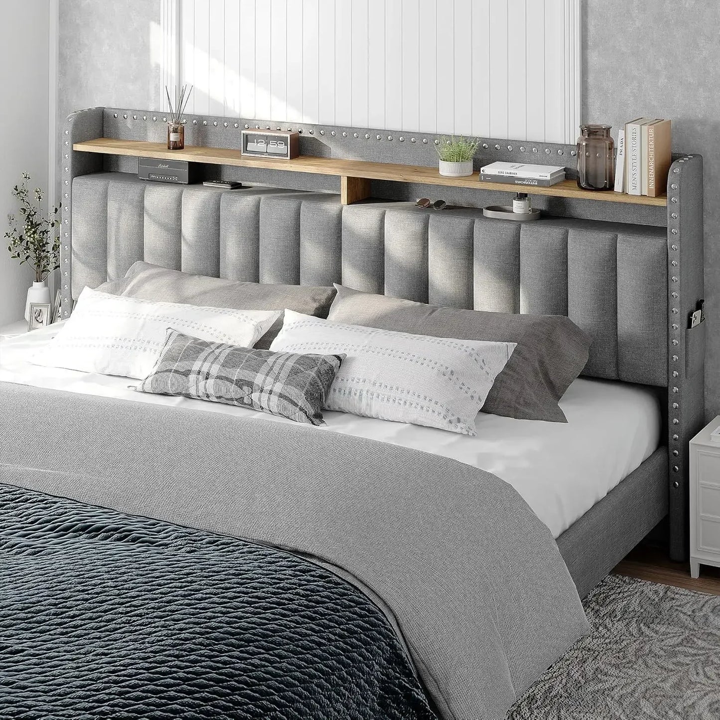 King Size Bed Frame, Upholstered King Bed Frame with 2 Storage Drawers and 2-Tier Headboard, Vertical Tufted Headboard Design