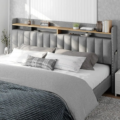 King Size Bed Frame, Upholstered King Bed Frame with 2 Storage Drawers and 2-Tier Headboard, Vertical Tufted Headboard Design