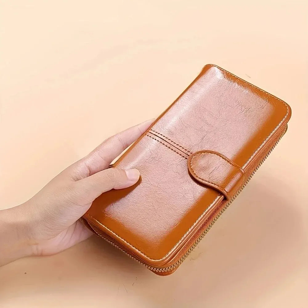 Women's Vintage Oil Wax PU Leather Clutch Wallet Female Large Capacity Phone Purse Ladies Wristband Simple Card Holder Pouch Bag
