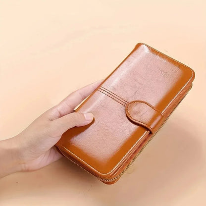 Women's Vintage Oil Wax PU Leather Clutch Wallet Female Large Capacity Phone Purse Ladies Wristband Simple Card Holder Pouch Bag