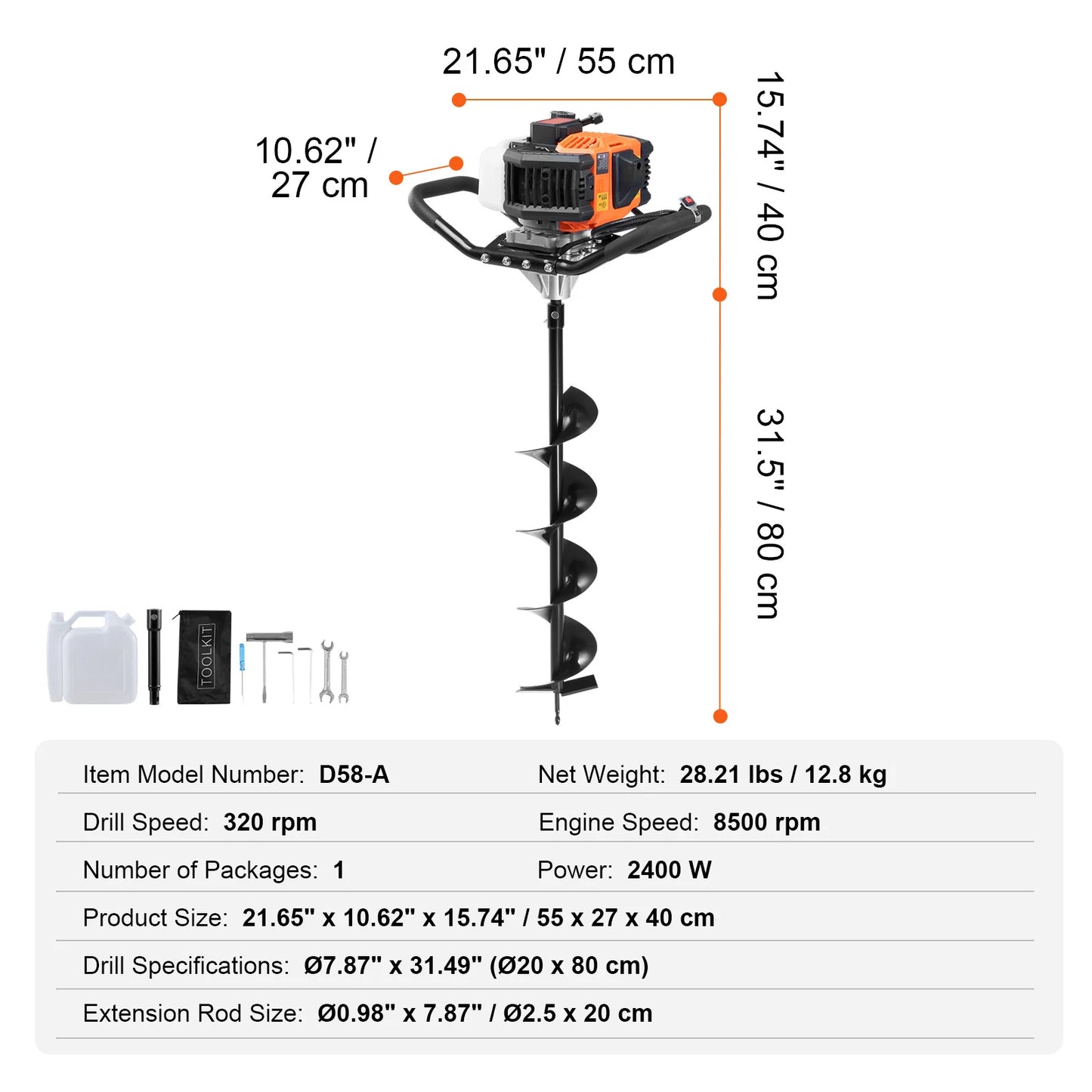 SucceBuy Post Hole Digger Gas Powered 63CC 2400W Auger Gas Auger with 8” Auger Drill Action Post Fence Hole Digger for Farmland
