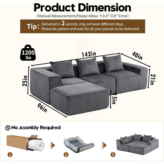 Sectional boneless Couch with L-Shape Chaise,Modern  Modular sleeper Sofa with Deep Seat, Upholstered Couches for Room