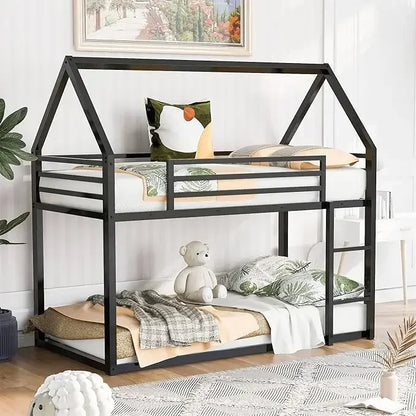 House Bunk Bed with Convertible Slide and Ladder, Floor Bunk Bed Twin Over Twin Bunk Bed with Roof and Security Guardrails