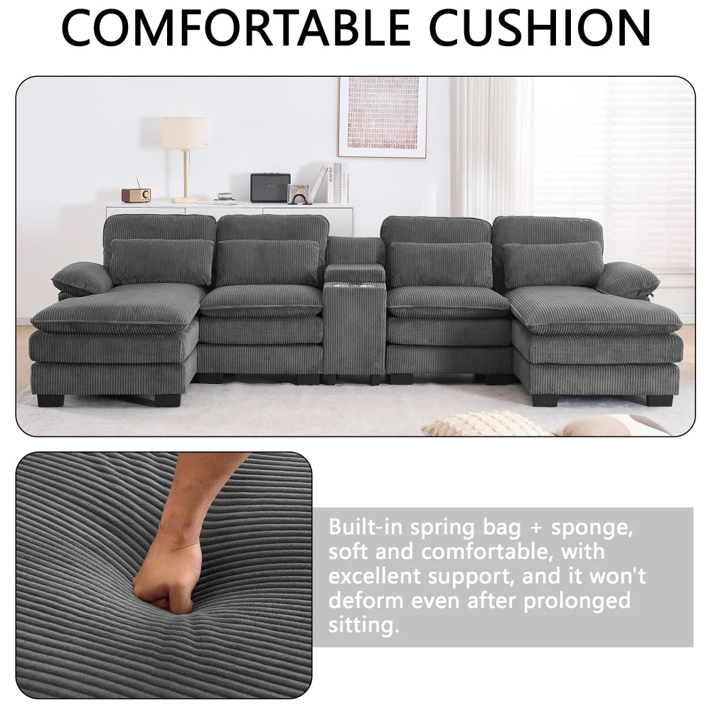 124" Modular U-Shaped Sectional Sofa, 4-Seater Cloud Couch Corduroy Living Room Set w/ Storage Console, Cup Holders, Pillows