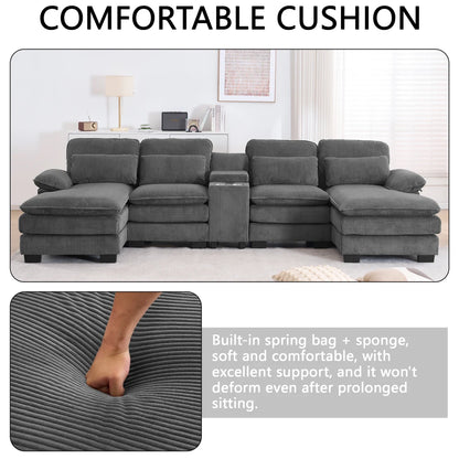 124" Modular U-Shaped Sectional Sofa, 4-Seater Cloud Couch Corduroy Living Room Set w/ Storage Console, Cup Holders, Pillows