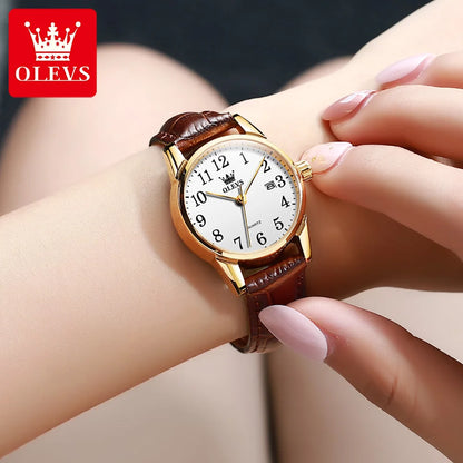 OLEVS Brand Fashion Quartz Watch for Men and Women Leather Strap Waterproof Original Watch Arabic Numeral Scale Giving to Elders