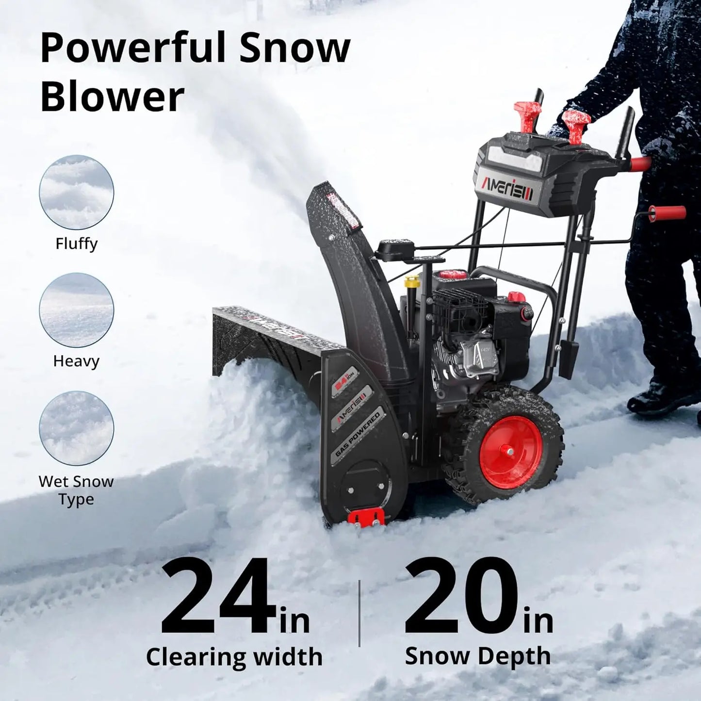 24-Inch Gas Snow Blower with 212cc 4-Cycle OHV Engine, Recoil Start, 40Ft Snow Throwing for Decks, Driveways, and Sidewalks
