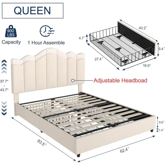 Queen Size Platform Bed Frame with Charging Stations & 4 Storage Drawers, Upholstered Adjustable Headboard, Wooden Slats Support