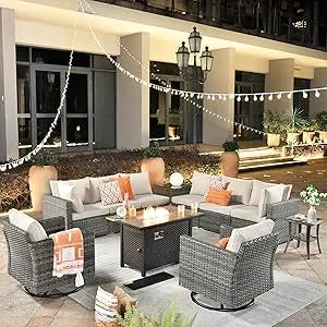 11 Piece Outdoor Patio Furniture Set with Fire Pit Table,Conversation Sectional Wicker Couch with Swivel Chairs,Modern Outside