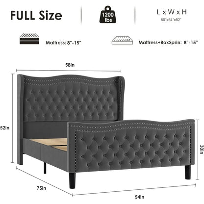 Full Bed Frame with Tall Headboard & Footboard,Velvet Upholstered Platform Bed Frame with Deep Button Tufted Wingback,Customized