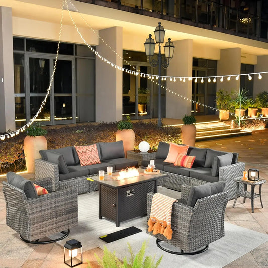 11 Piece Outdoor Patio Furniture Set with Fire Pit Table,Conversation Sectional Wicker Couch with Swivel Chairs,Modern Outside