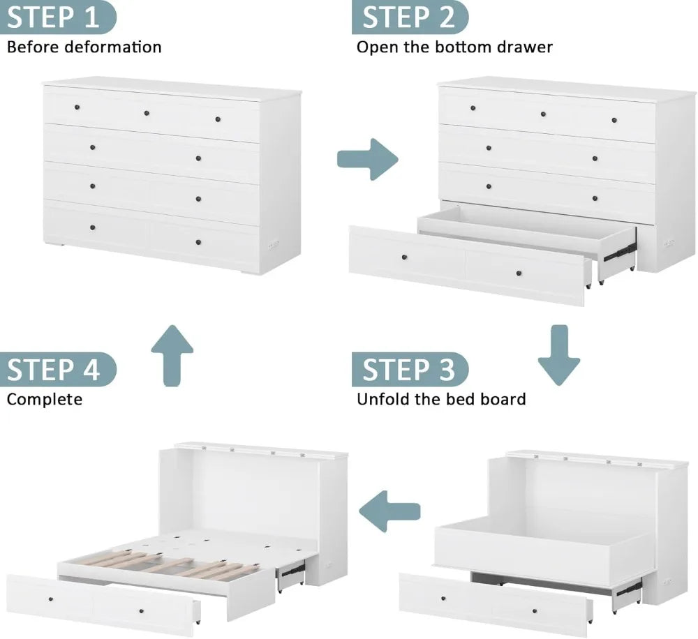 Queen Murphy Bed with Storage & Charging Station, Foldable Cabinet for Guest Room, Living Room, Office - Distressed White