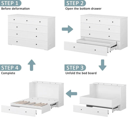 Queen Murphy Bed with Storage & Charging Station, Foldable Cabinet for Guest Room, Living Room, Office - Distressed White