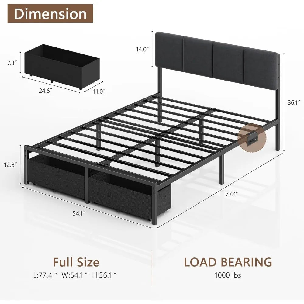 LED Full/Queen Size Bed Frame with Charging Station Upholstered Headboard & 2 Underbed Storage Drawers, No Spring Box Needed