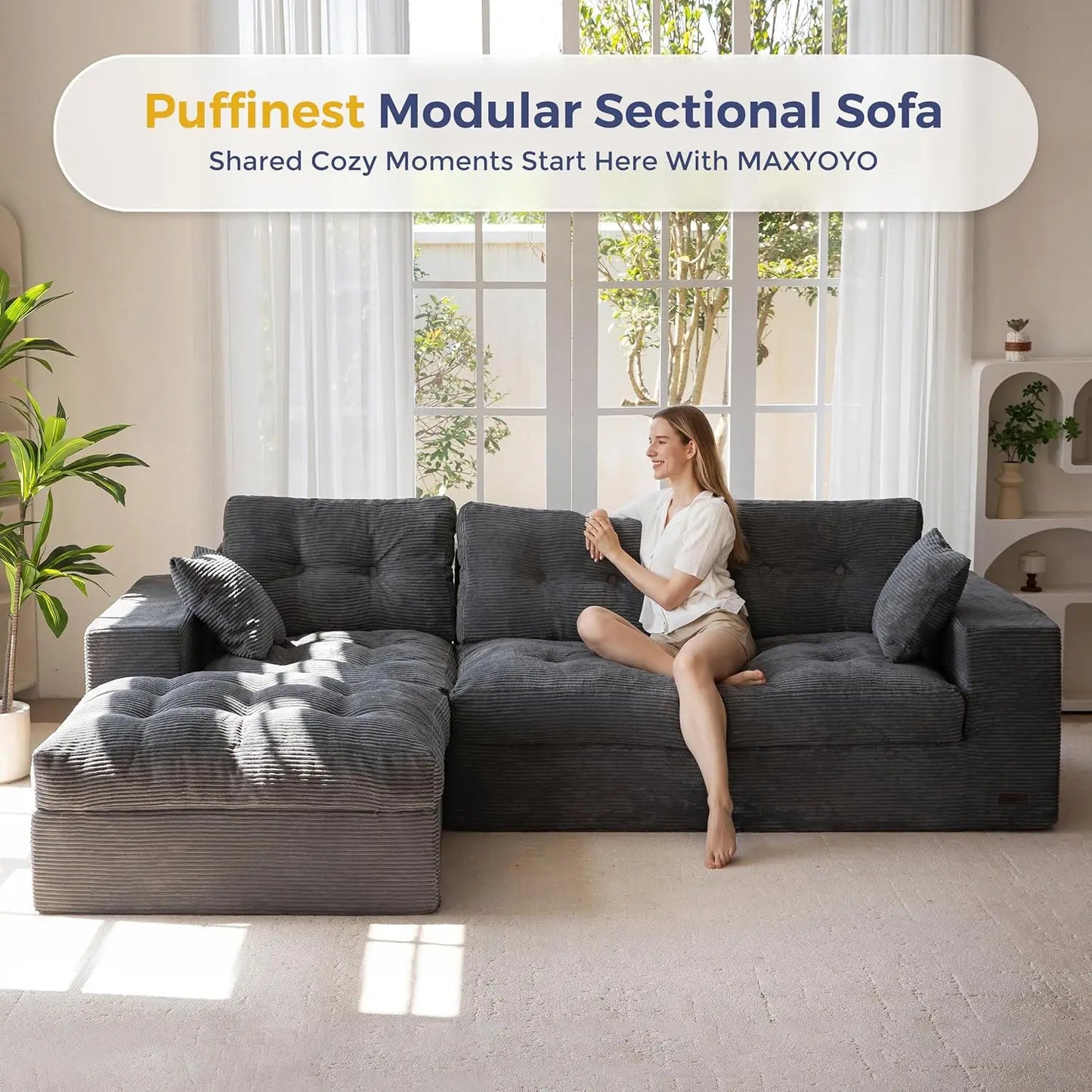 104" L Shaped Modular Sectional Sofa with Ottoman, Cloud Boneless Couch with Layered Cushion, Upholstered Sofa in a Box, Flexibl