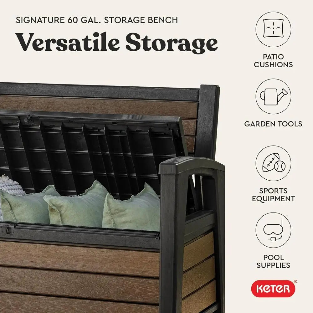 Signature 60 Gallon Storage Bench Deck Box - Patio Furniture, Porch Decor, Outdoor Seating, Store Garden Tools, Walnut