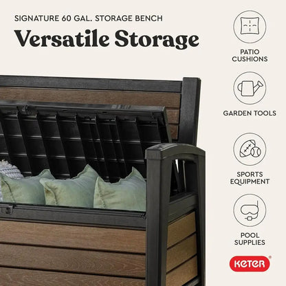 Signature 60 Gallon Storage Bench Deck Box - Patio Furniture, Porch Decor, Outdoor Seating, Store Garden Tools, Walnut