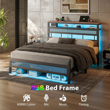 Led Bed Frame , Metal Platform Bed Frame with 2-Tier Storage Headboard, Mesh Bedframe with Charging Station, Easy Assembly