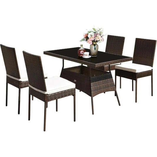 5 Piece Patio Wicker Dining Set, Outdoor Rattan Table and Chairs with w/Tempered Glass Table Top & Padded Cushions, Wicker Pati