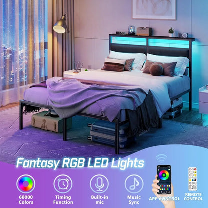 Bed Frame with Headboard, Bed Frame with LED Light and Charging Station, Black Metal Platform Bedframe and Storage Shelf