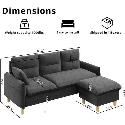"80 Inch L-Shaped Sectional Sofa for Living Spaces, 3-Seat Couch with Removable Ottoman, Contemporary Convertible Sofas, Compact