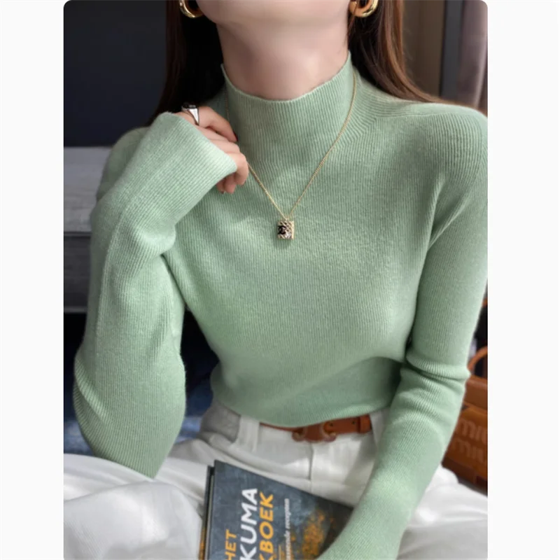 2025 Women's New Slim Long Sleeve Base Pullover Knitted Solid Color Turtleneck Sweater Versatile Autumn Winter Warm Tops