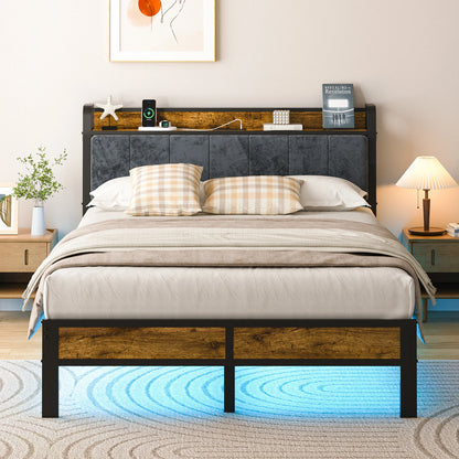 Platform Bed Frame with Storage Headboard, Metal Platform Bed with LED Lights & Charging Station, Under Bed Storage