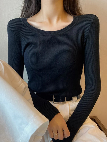 2025 New-coming Autumn Winter Tops O-Neck Pullovers Sweaters Primer shirt long sleeve Short Korean Slim-fit tight sweater