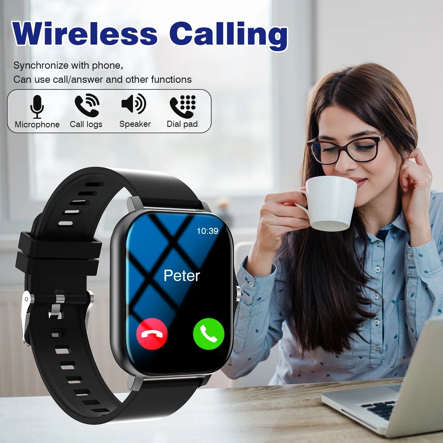 Smartwatch, Wireless Calling/dialing, Message Reminders, Multi-sport Mode, Music Playback, Suitable for IPhone/Android
