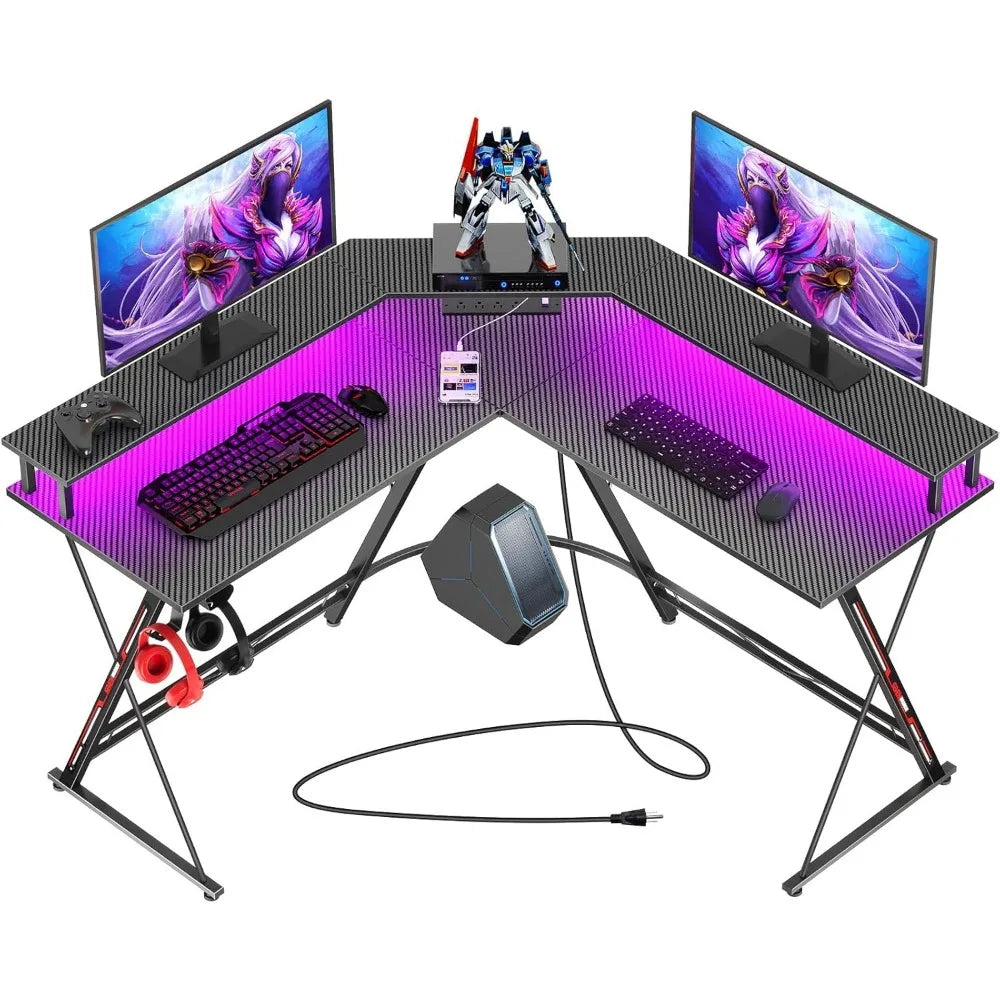 SEVEN WARRIOR L Shaped Gaming Desk with LED Lights & Power Outlets, 50.4” Computer Desk with Monitor Stand, Corner Desk with Car