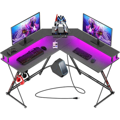 SEVEN WARRIOR L Shaped Gaming Desk with LED Lights & Power Outlets, 50.4” Computer Desk with Monitor Stand, Corner Desk with Car