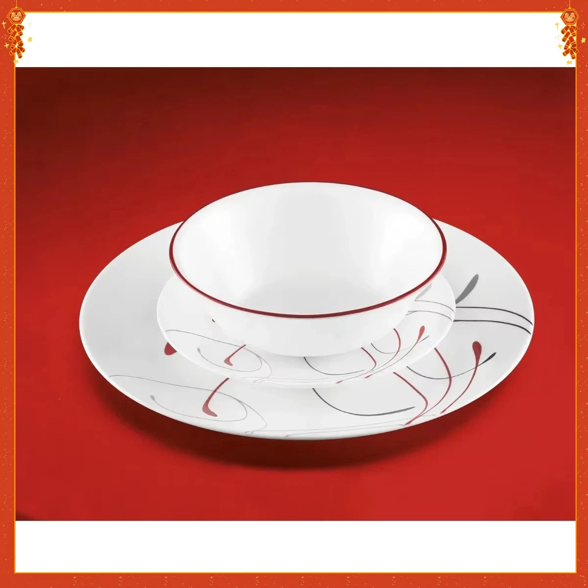Classic White & Red Dinnerware Set, 12-Piece Ceramic Plates & Bowls. Dishwasher Safe, Service for 4, Modern Tableware.