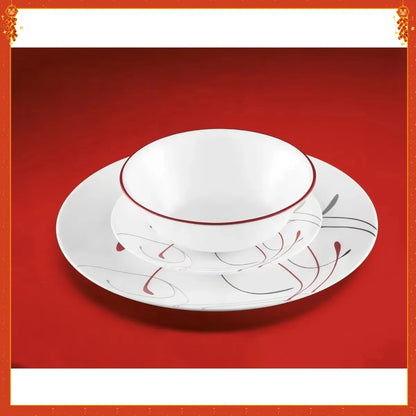 Classic White & Red Dinnerware Set, 12-Piece Ceramic Plates & Bowls. Dishwasher Safe, Service for 4, Modern Tableware.