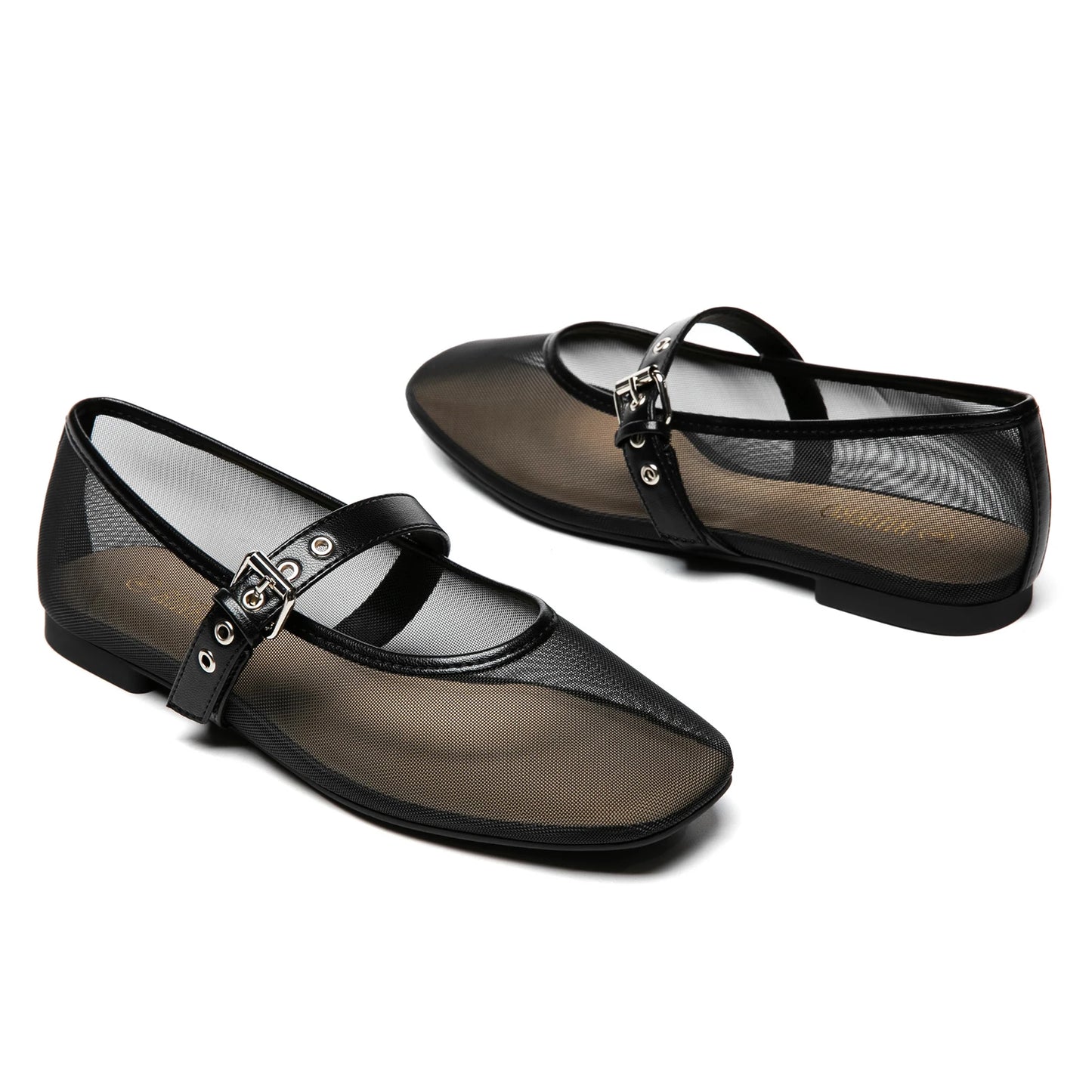 Mesh Ballet Flats for Women Square Toe Buckle Strap Mary Jane Flats Comfortable Casual Ballerina Shoes