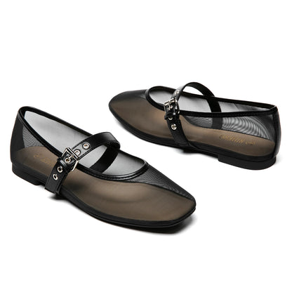 Mesh Ballet Flats for Women Square Toe Buckle Strap Mary Jane Flats Comfortable Casual Ballerina Shoes