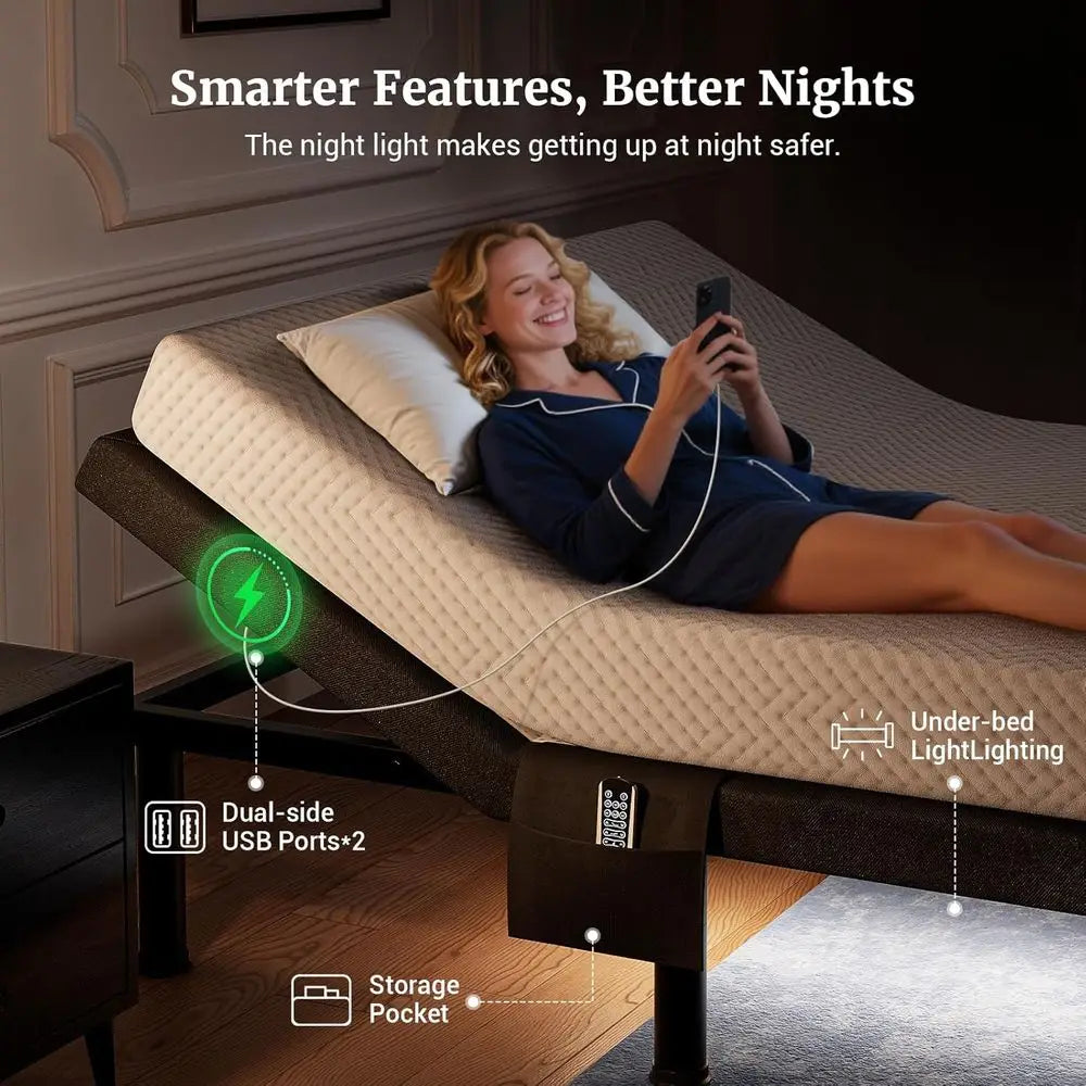 T600 Electric Adjustable Bed Frame with Remote, Massage, USB Ports, Pockets, Nightlight, Quiet Operation, Easy Assemb