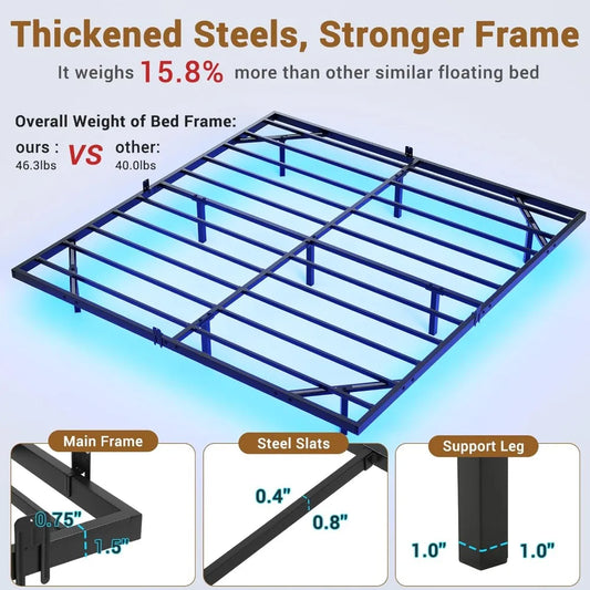 Floating Bed Frame King Size with LED Lights, Metal Platform King Bed, No Box Spring Needed, Easy To Assemble