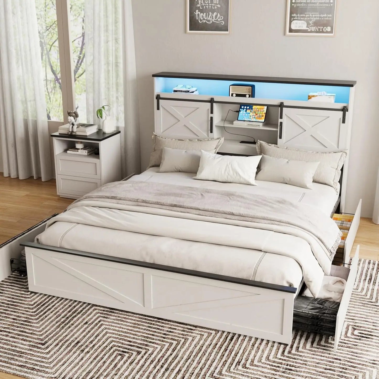 Farmhouse Queen Size Bed Frame with Headboard and Storage Ottoman, Sliding Barn Door & 4 Drawers, LED Lights and, Customized