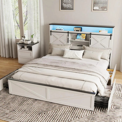 Farmhouse Queen Size Bed Frame with Headboard and Storage Ottoman, Sliding Barn Door & 4 Drawers, LED Lights and, Customized