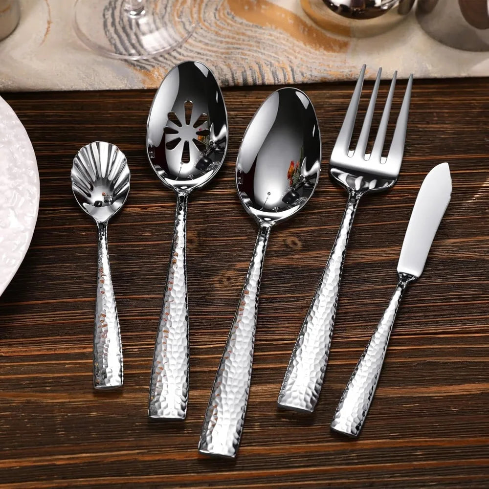 Hammered 18/10 Stainless Steel Silverware Set with Squared Edge, 20/45/65 Pieces, Serving 4 to 12 Guests, Elegant Dining